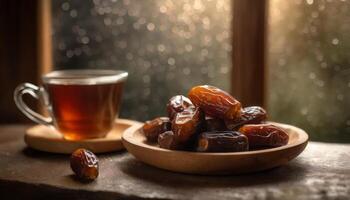 ai generado un sereno ajuste de fechas en un de madera cuenco con taza de té en frente de ventana en lluvioso día, capturar el esencia de Ramadán. ideal para iftar invitaciones o Ramadán saludos foto