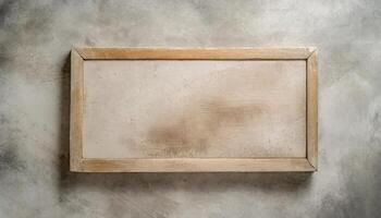 AI generated Rustic wooden frame on a textured grey wall. Ideal for art presentations or vintage decor. photo