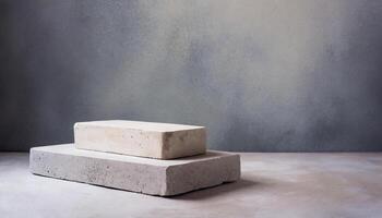 AI generated Aesthetic composition of two white textured display concrete blocks against a subtle grey concrete backdrop. Perfect for product display or minimalist art presentations. photo