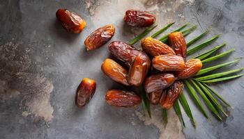 AI generated A top view of A cluster of glossy dates rests on a textured concrete grey surface with palm leaves, capturing natural and culinary aesthetics. Ideal for Ramadan themes, Flat lay. photo