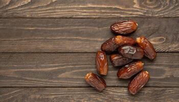 AI generated A top view of shiny, succulent dates scattered on a rustic wooden surface, showcasing natural grains. Ideal for Ramadan themes, flat lay. photo