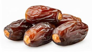 AI generated Close-up view of juicy and glossy, succulent dates, rich in detail and color, glossy texture highlighted, isolated on white background, Ideal for Ramadan and culinary themes photo