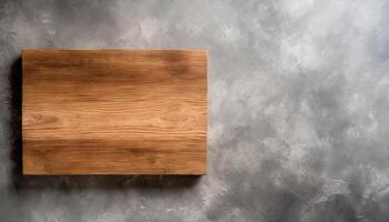 AI generated Top view of a polished wooden cutting board on a textured concrete table. Ideal for food display and culinary presentations, flatlay background. photo