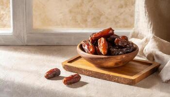 AI generated A bowl of shiny dates sits on a wooden board, bathed in sunlight. Ideal for Ramadan and Iftar celebrations, the composition evokes warmth and tradition photo