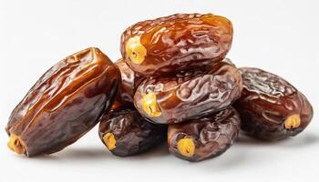 AI generated Close-up view of juicy and glossy, succulent dates, rich in detail and color, glossy texture highlighted, isolated on white background, Ideal for Ramadan and culinary themes photo