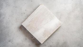 AI generated Top view of a pristine wooden pedestal on a textured concrete table. Ideal for food display or culinary presentations, flatlay background. photo