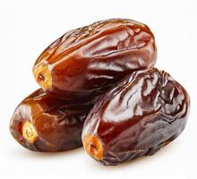 AI generated Close-up view of juicy and glossy, succulent dates, rich in detail and color, glossy texture highlighted, isolated on white background, Ideal for Ramadan and culinary themes photo