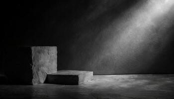 AI generated A stone or concrete pedestal podium dramatically illuminated against a textured, dark rough concrete backdrop with dramatic light. Ideal for product display. photo