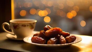 ai generado un calentar atractivo imagen de un taza de té y un plato de fechas en frente de ventana el dorado bokeh antecedentes ilumina el composición destacando el asignaturas Perfecto para Ramadán temas foto