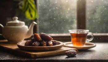 AI generated A serene setting of dates on a wooden plate, a steaming cup, and a teapot in front of window in rainy day, capturing the essence of an intimate iftar evening. Ideal for Ramadan content photo