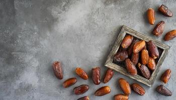 AI generated A top view of Aesthetic display of glossy dates spilling from a wooden box on a textured concrete surface. Ideal for Ramadan and culinary themes, showcasing natural contrast, Flat lay photo