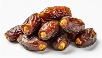 AI generated Close-up view of juicy and glossy, succulent dates, rich in detail and color, glossy texture highlighted, isolated on white background, Ideal for Ramadan and culinary themes photo