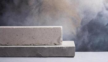 AI generated Aesthetic composition of two white textured display concrete blocks against a subtle grey concrete backdrop. Perfect for product display or minimalist art presentations. photo