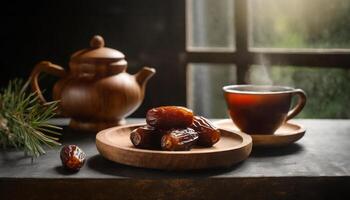 AI generated A serene setting of dates on a wooden plate a steaming cup and a teapot in front of window capturing the essence of an intimate iftar evening Ideal for Ramadan content photo