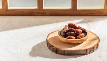 AI generated A bowl of dates on a wooden slab, bathed in sunlight. Ideal for Ramadan themes, the composition highlights natural textures and warm tones photo