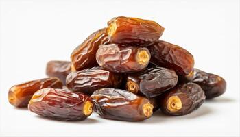 AI generated Close-up view of juicy and glossy, succulent dates, rich in detail and color, glossy texture highlighted, isolated on white background, Ideal for Ramadan and culinary themes photo