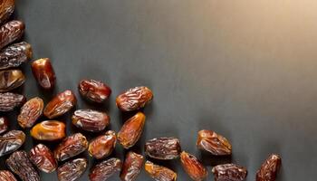 AI generated A top view of A cluster of glossy dates rests on a textured concrete grey surface, capturing natural and culinary aesthetics. Ideal for Ramadan themes, Flat lay. photo