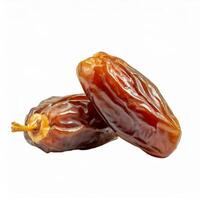 AI generated Close-up view of juicy and glossy, succulent dates, rich in detail and color, glossy texture highlighted, isolated on white background, Ideal for Ramadan and culinary themes photo