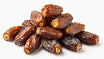 AI generated Close-up view of juicy and glossy, succulent dates, rich in detail and color, glossy texture highlighted, isolated on white background, Ideal for Ramadan and culinary themes photo