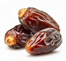 AI generated Close-up view of juicy and glossy, succulent dates, rich in detail and color, glossy texture highlighted, isolated on white background, Ideal for Ramadan and culinary themes photo