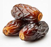 AI generated Close-up view of juicy and glossy, succulent dates, rich in detail and color, glossy texture highlighted, isolated on white background, Ideal for Ramadan and culinary themes photo