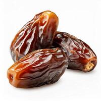 AI generated Close-up view of juicy and glossy, succulent dates, rich in detail and color, glossy texture highlighted, isolated on white background, Ideal for Ramadan and culinary themes photo