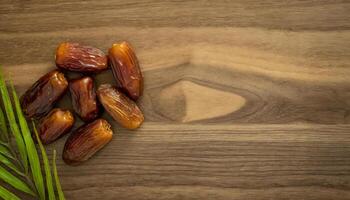 AI generated A top view of shiny, succulent dates scattered on a rustic wooden surface, showcasing natural grains. Ideal for Ramadan themes, flat lay. photo