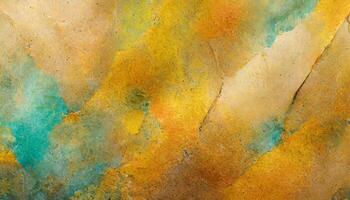 AI generated An abstract vibrant blend of golden, turquoise, and amber hues on textured paper, evoking an ethereal feel. Ideal for backgrounds, art projects, or visual compositions, grunge texture. photo