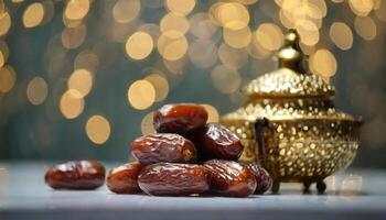 AI generated A plump dates beside an ornate golden container set against a backdrop of golden bokeh lights photo