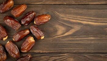 AI generated A top view of shiny, succulent dates scattered on a rustic wooden surface, showcasing natural grains. Ideal for Ramadan themes, flat lay. photo