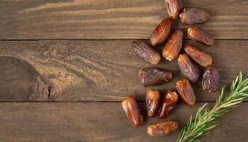 AI generated A top view of shiny, succulent dates scattered on a rustic wooden surface, showcasing natural grains. Ideal for Ramadan themes photo