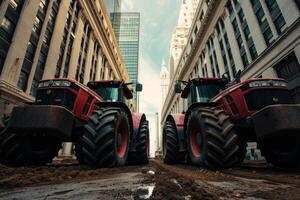 AI generated Tractors block traffic on city street, Farmers protest photo