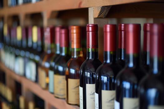 AI generated Red wine bottles in a row on shelf in store photo