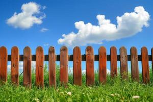 AI generated Garden fence with green grass and blue sky. photo