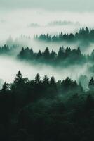 ai generado bosque arboles siluetas en niebla, vertical disparo. naturaleza antecedentes foto