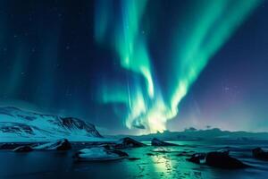 AI generated Northern lights in night sky over snowy mountains photo