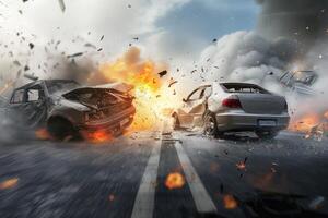 AI generated Car accident. road accident Banner with copy space photo