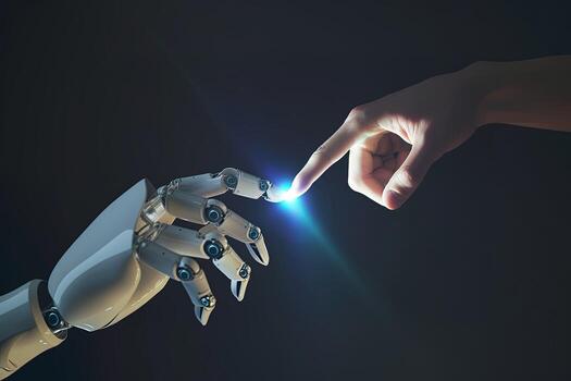 AI generated The human finger delicately touched the metal finger of the robot. The concept of the harmonious coexistence of humans and AI technology photo