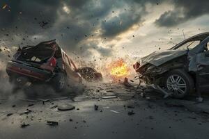 AI generated Car accident. road accident Banner with copy space photo