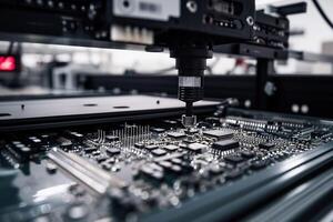 AI generated Printed circuit board workshop with automatic chip mounter photo