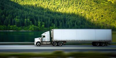 AI generated A large white semi truck was driving on the road near the lake. Commercial cargo semi-truck in a refrigerated semi-trailer along the road with green trees near the lake photo