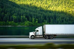 AI generated A large white semi truck was driving on the road near the lake. Commercial cargo semi-truck in a refrigerated semi-trailer along the road with green trees near the lake photo