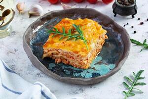 Meat lasagna with bolognese sauce and bechamel sauce. Classic lasagna photo