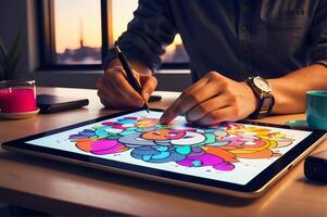 AI generated A close-up shot of someone's hand skillfully designing a vibrant cartoon vector using a tablet in a modern office photo