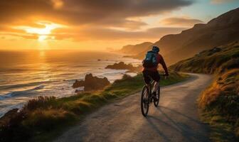 ai generado ciclista montando un bicicleta cerca el Oceano en puesta de sol foto