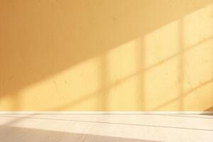 AI generated Empty room with yellow wall and wooden floor and sun from window photo