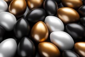 AI generated Easter eggs in the color of gold, black and silver on a black background photo