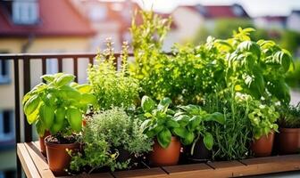 AI generated Herbs in pots on a balcony photo