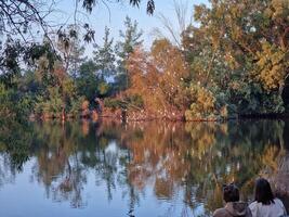 Two girls rest on a wooden bench and enjoy the lake view at Athalassa National Park, Cyprus photo