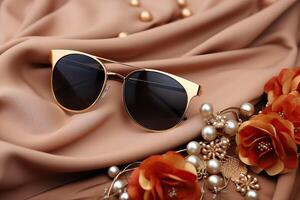 AI generated Sunglasses lie on brown fabric, brown background and female style accessories. photo